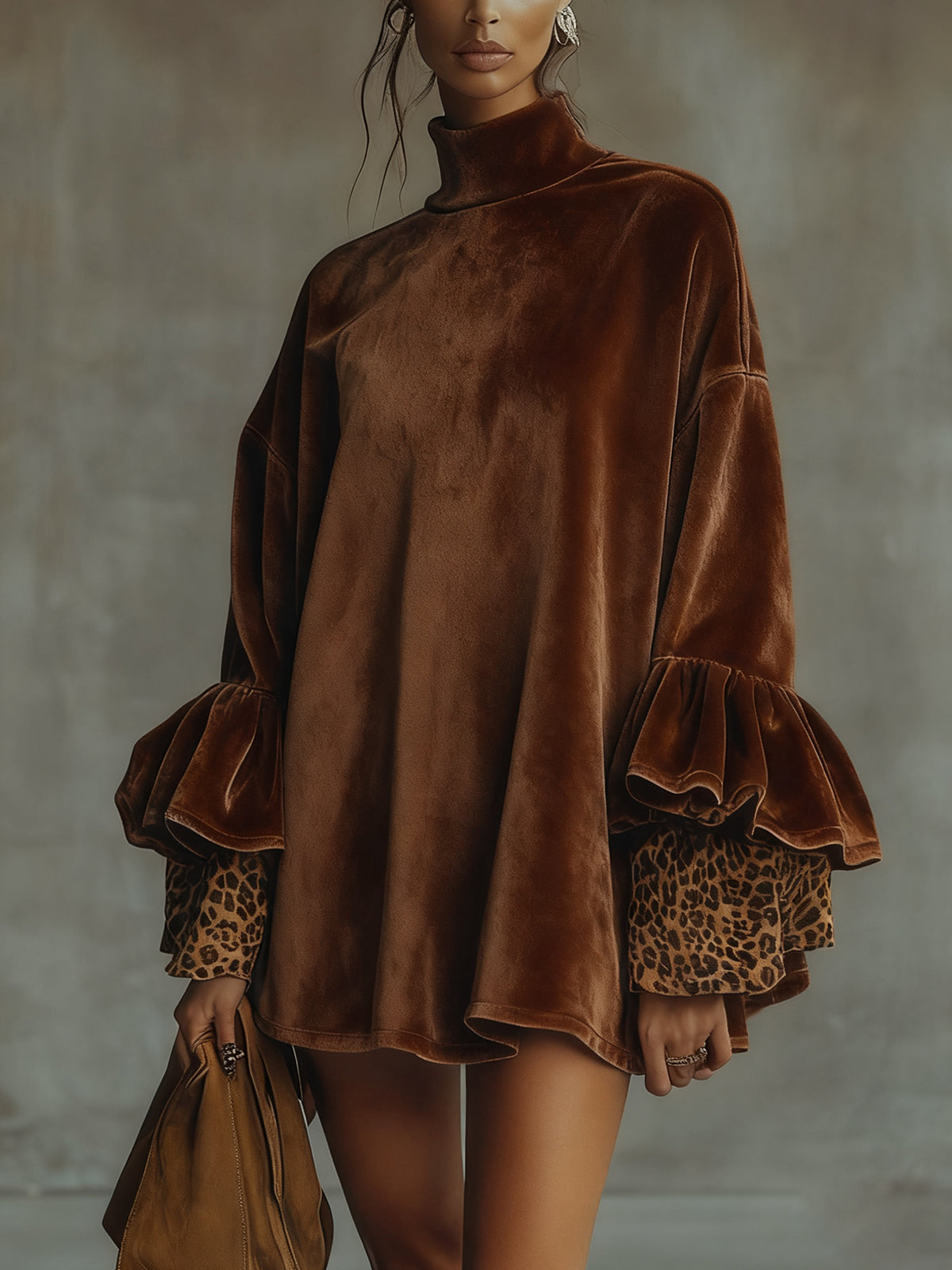 La Scintilla | ROBE EN VELOURS À JUPON AVEC MANCHES EN IMPRIMÉ LEOPARD