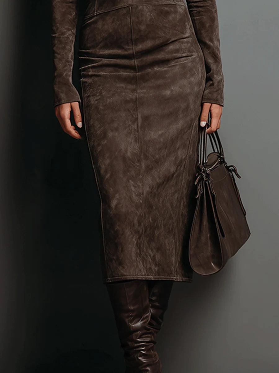 Suede High-Neck Midi Dress