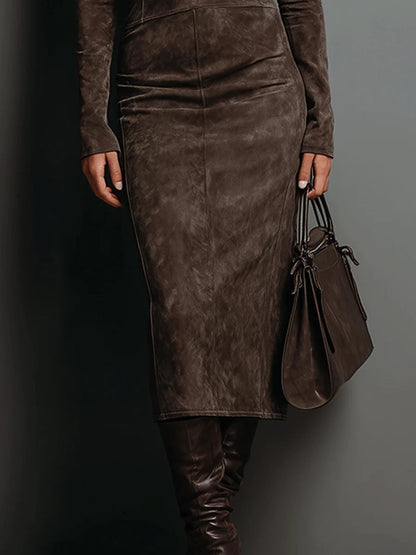 Suede High-Neck Midi Dress