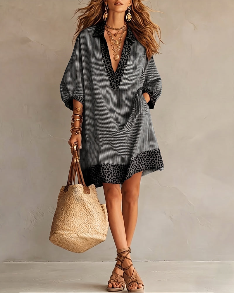 Zélie | Robe Rayée à Liseré Léopard