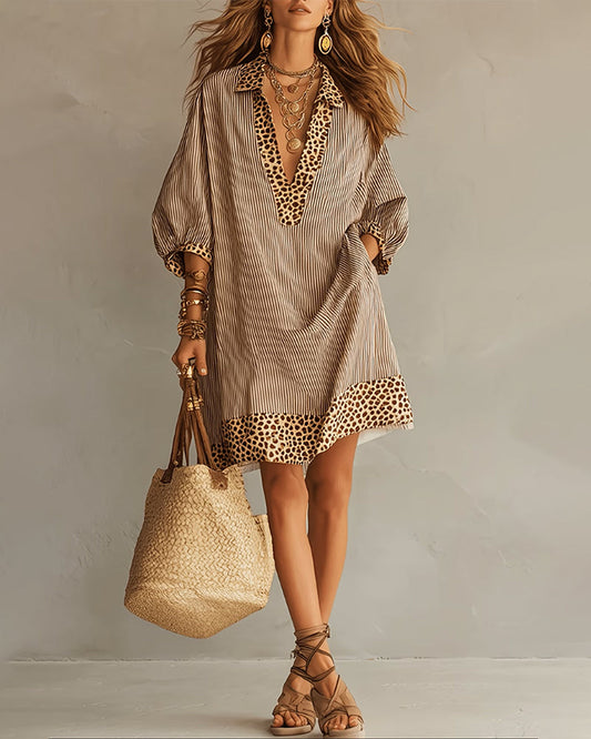 Zélie | Robe Rayée à Liseré Léopard
