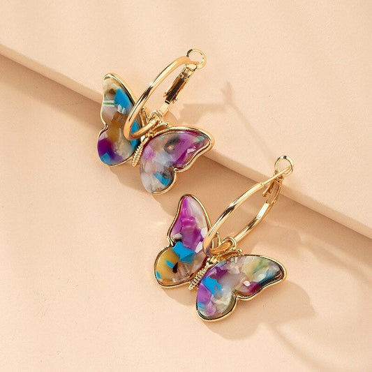 Boucles d'Oreilles Créoles avec Papillons Multicolores Dorés