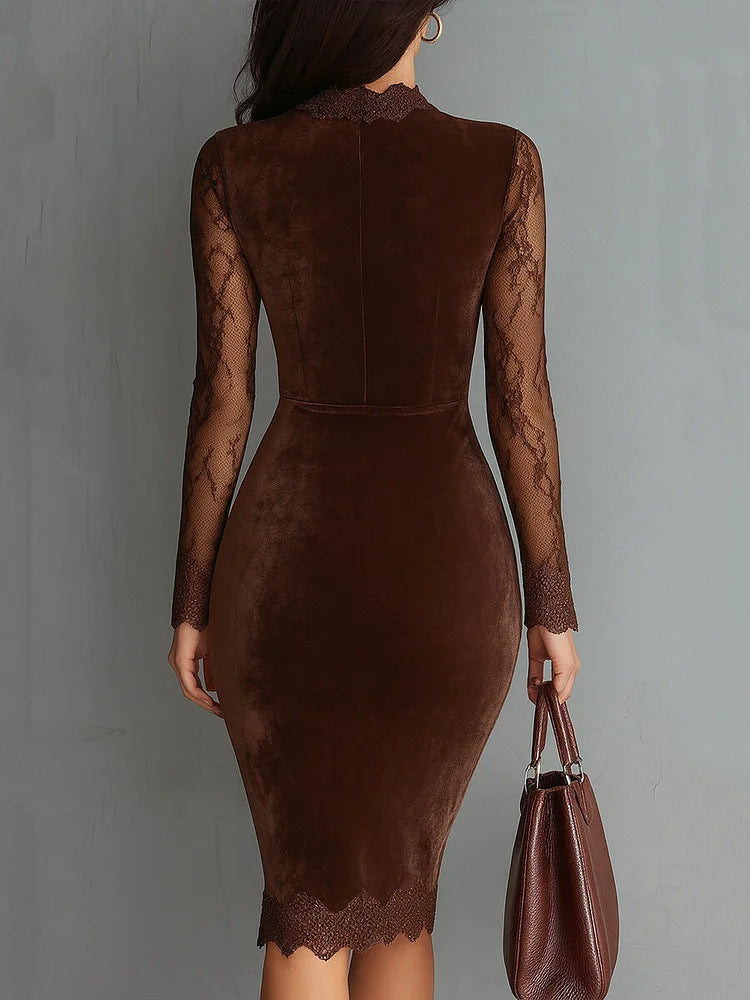 Sexy Lace See-Through V-Neck Bodycon Dress with Long Sleeves
