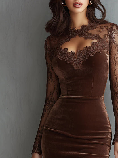 Sexy Lace See-Through V-Neck Bodycon Dress with Long Sleeves