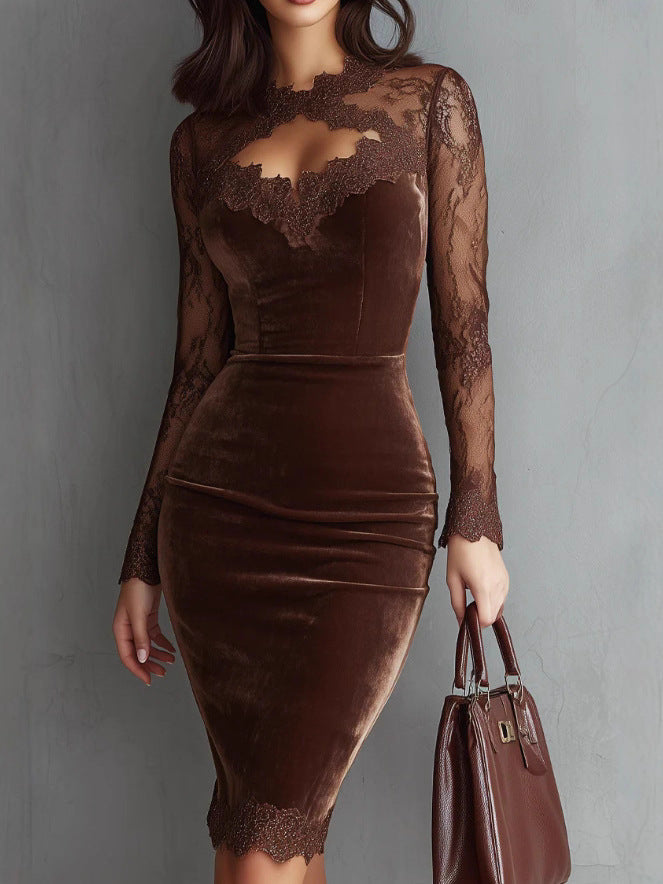 Sexy Lace See-Through V-Neck Bodycon Dress with Long Sleeves