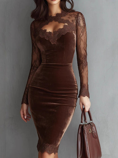 Sexy Lace See-Through V-Neck Bodycon Dress with Long Sleeves