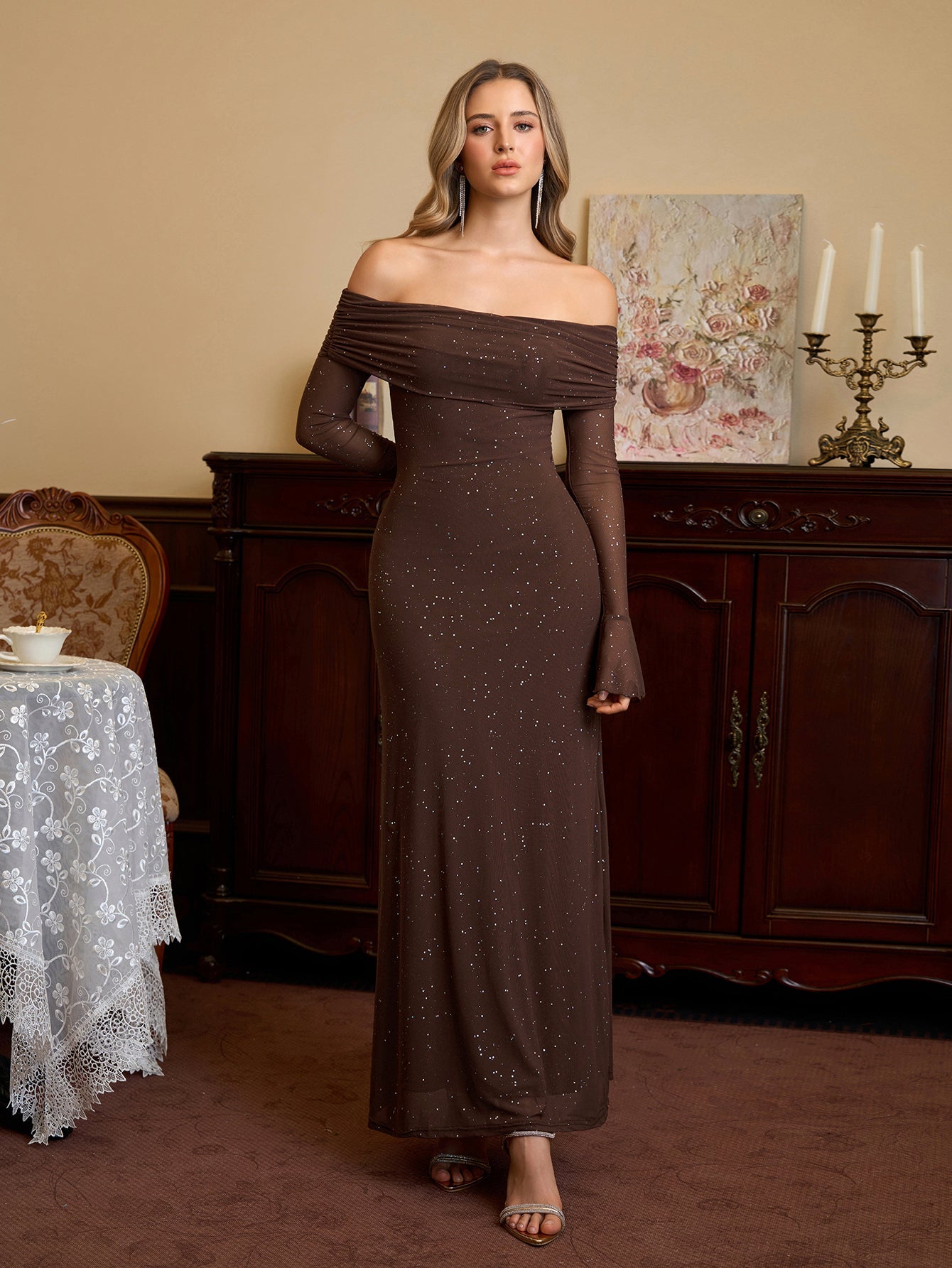 Off Shoulder Flounce Sleeve Mesh Sequin Dress