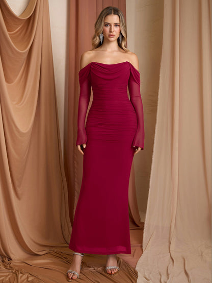 Off Shoulder Ruched Zipper Back Long Sleeve Mesh Dress