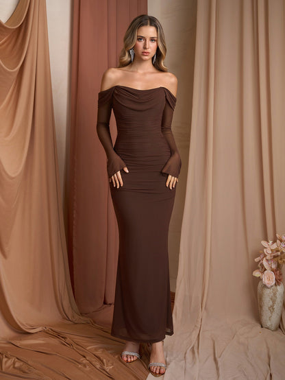 Off Shoulder Ruched Zipper Back Long Sleeve Mesh Dress