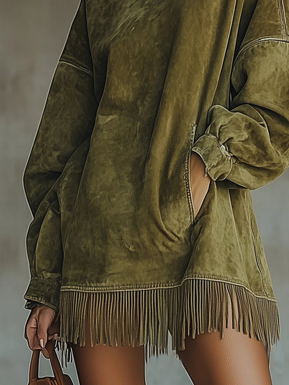 Faux Suede Turtleneck Dress With Fringe Hem