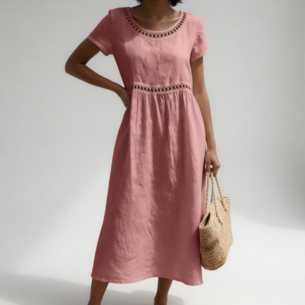 Pernelle™ | Robe mi-longue 100% coton brodée féminité douce
