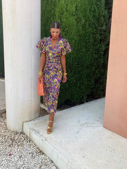 Aurora™ | Robe Midi Vivace avec Manches Bouffantes