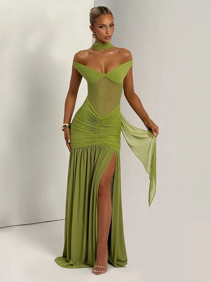 Sexy Off-Shoulder Backless Mesh Maxi Dress with Slit