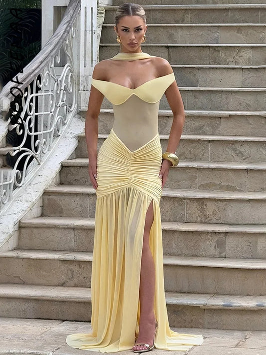Sexy Off-Shoulder Backless Mesh Maxi Dress with Slit