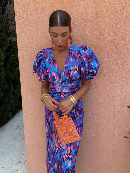 Aurora™ | Robe Midi Vivace avec Manches Bouffantes