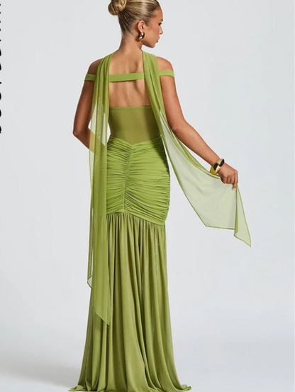 Sexy Off-Shoulder Backless Mesh Maxi Dress with Slit