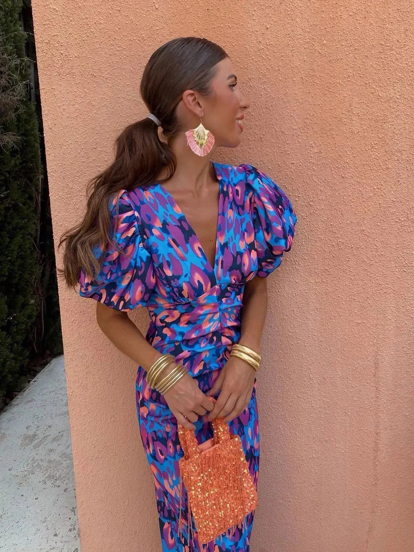 Aurora™ | Robe Midi Vivace avec Manches Bouffantes