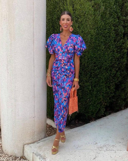 Aurora™ | Robe Midi Éclatante avec Manches Bouffantes