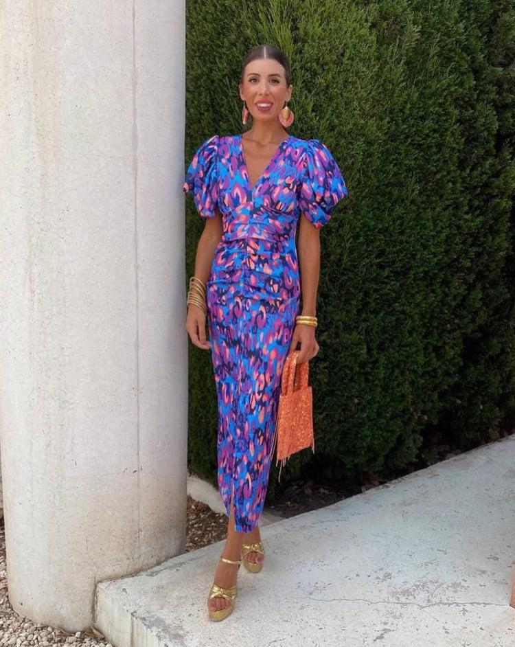 Aurora™ | Robe Midi Vivace avec Manches Bouffantes