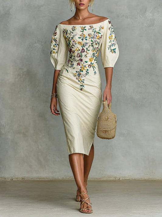 Women's floral print mid-sleeve slit dress