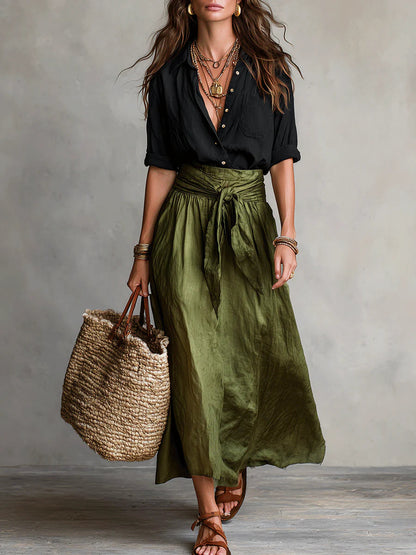 Vera™ | Ensemble de deux pièces : t-shirt noir et jupe midi vert olive