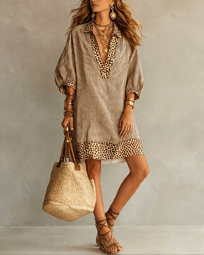 Zélie | Robe Rayée à Liseré Léopard