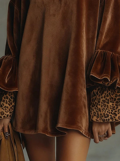 La Scintilla | ROBE EN VELOURS À JUPON AVEC MANCHES EN IMPRIMÉ LEOPARD