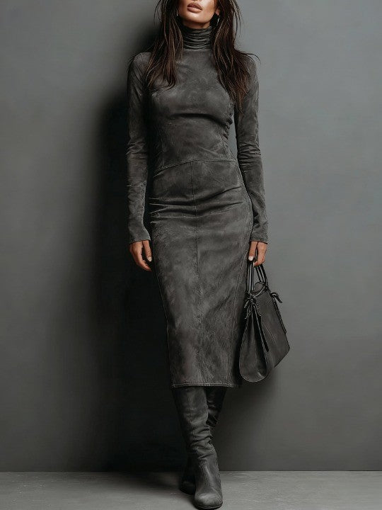 Suede High-Neck Midi Dress