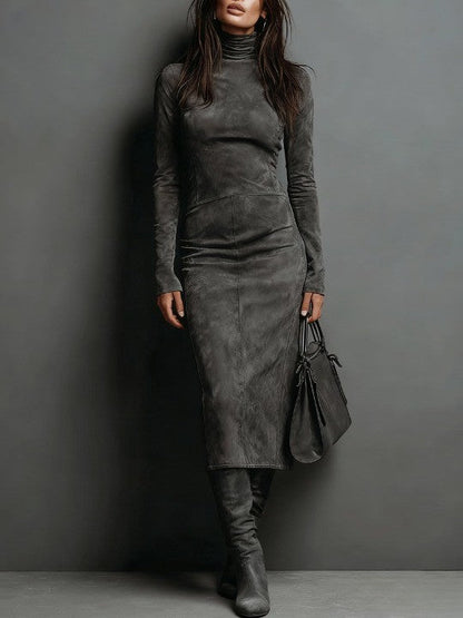 Suede High-Neck Midi Dress