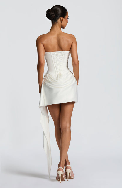 Mona Mini Dress – Strapless Ivory Mini Dress in Stretch Satin